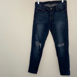Dark blue low rise skinny distressed ankle jeans